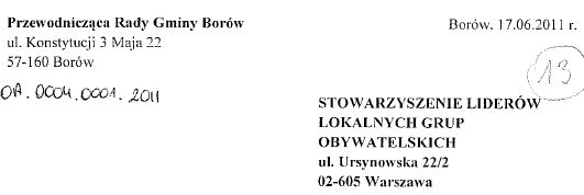 fragment pisma z urzędu gminy bor&oacute;w do sllgo z 2011 r.