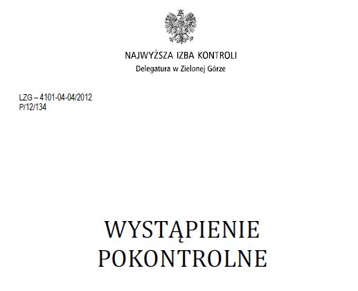 logo nik, napis delegatura w zielonej gorze, numer kontroli, napis wystapienie pokontrolne