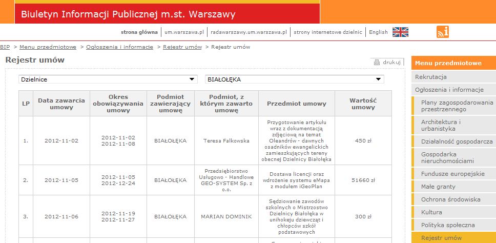 Rejestr um&oacute;w - Warszawa - Białołęka - Fragment biuletynu informacji publicznej miasta stołecznego Warszawy