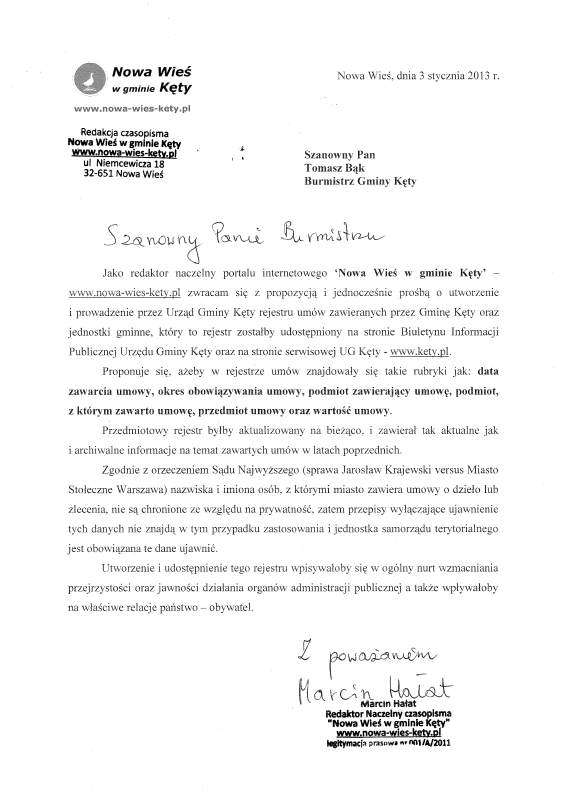 Pismo Nowa Wieś w Gminie Kęty do UG Kęty