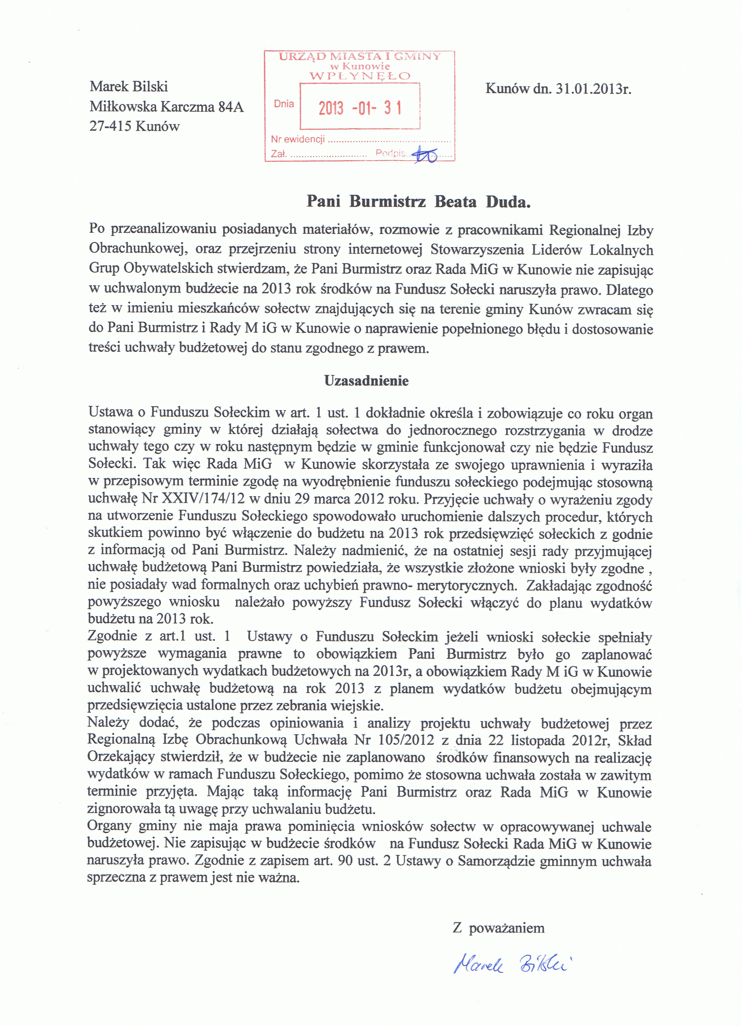 Wniosek mieszkańca gminy Kun&oacute;w dotyczący wpisania przedsięwzięć z funduszu sołeckiego do budżetu gminy Kun&oacute;w na 2013 r.