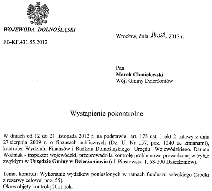 Fundusz sołecki - Wojewoda Dolnośląski - Kontrola - 2013 r.